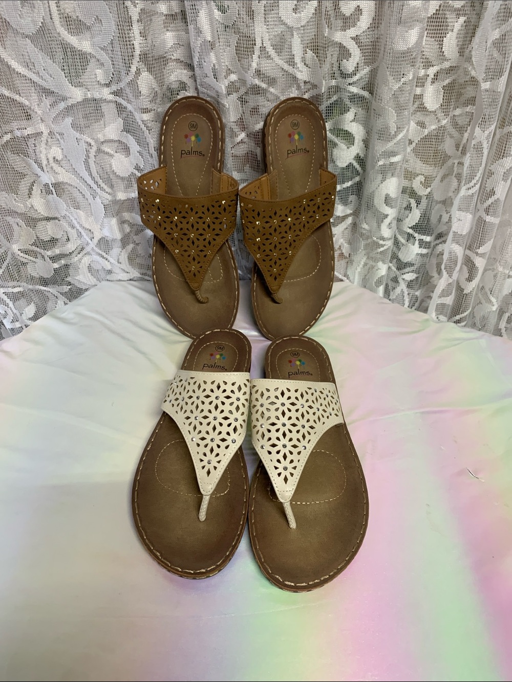 Palms Women's Laser-Cut Toe-Post Sandals — Tan and White